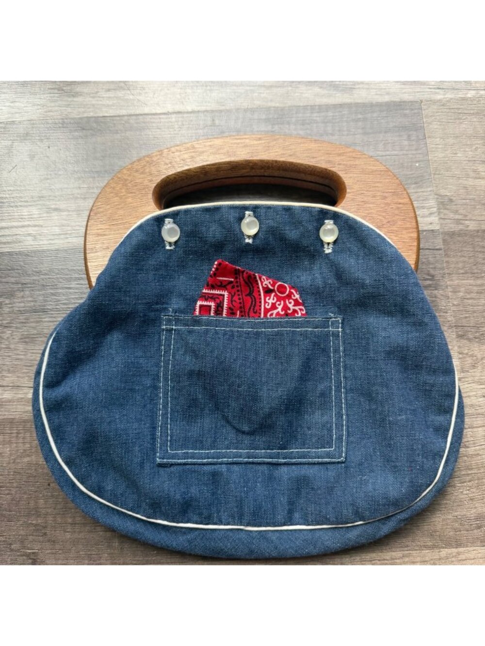 Vintage Wooden Handle Denim Purse With Red Bandana Accent & White Piping - Chic